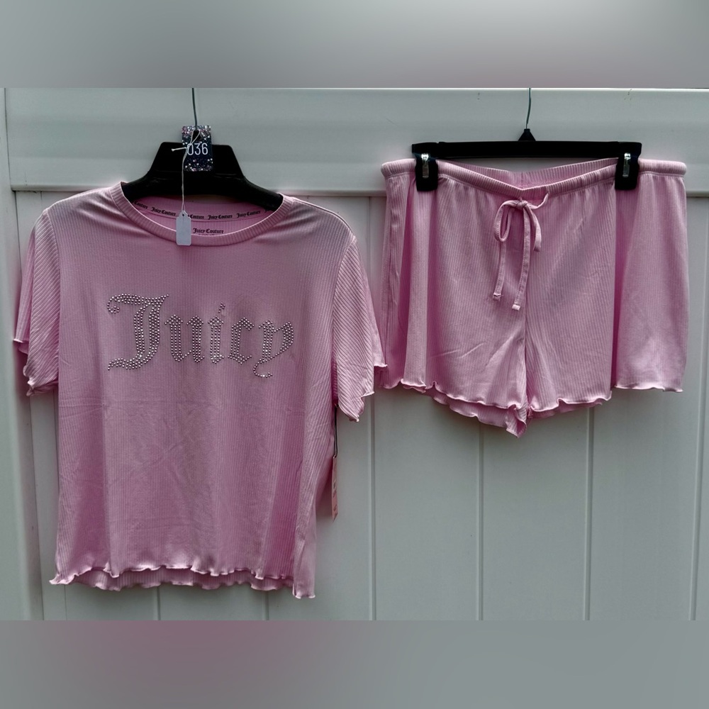 Juicy Couture 2 Piece Pajama Set, Shorts & Top, Size Large, Pink, NWT Bling